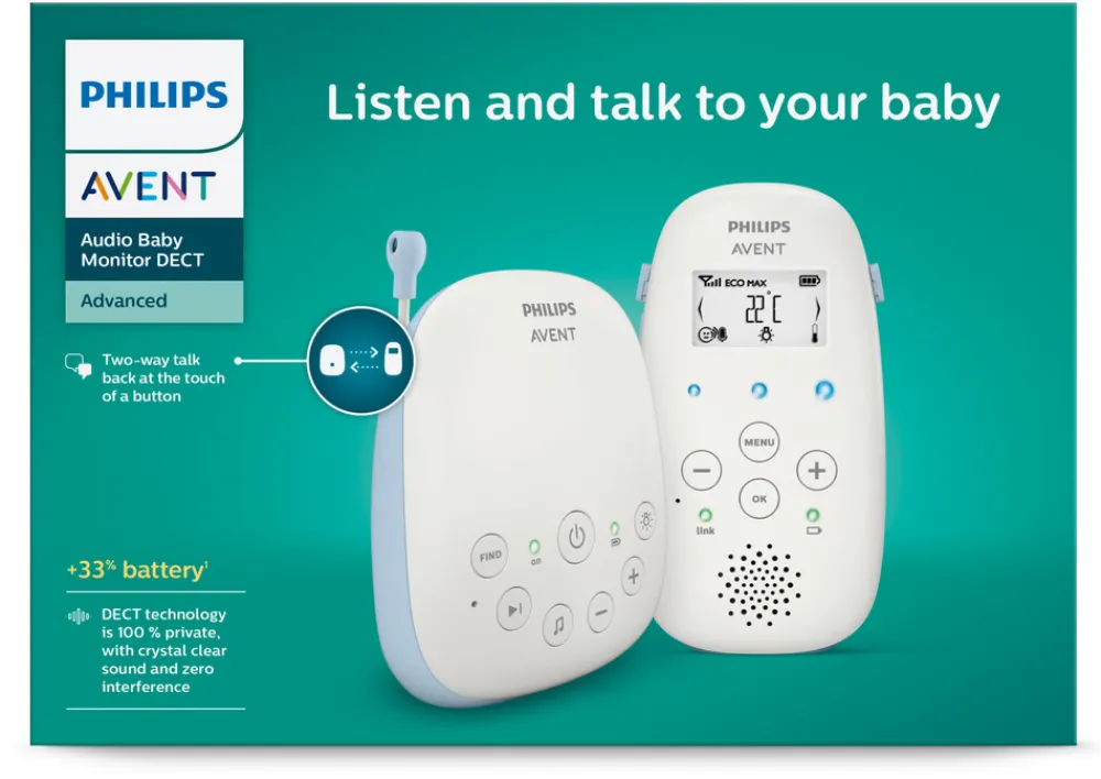 Philips Avent Baby Monitor m. temperatursensor og vuggeviser- Babyalarmer