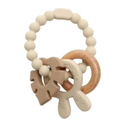 Magni Biderangle i silikone med blad, kaninøre og træ vedhæng. Beige- Bideringe & Rangler