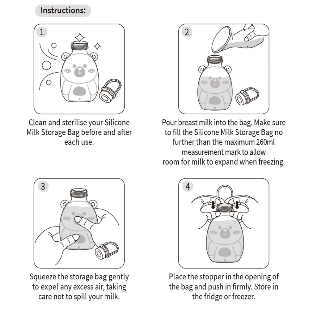 Haakaa Happii Bear Silikoneposer til mælk, 260ml - 2-pak- Madopbevaring|Brystpumper