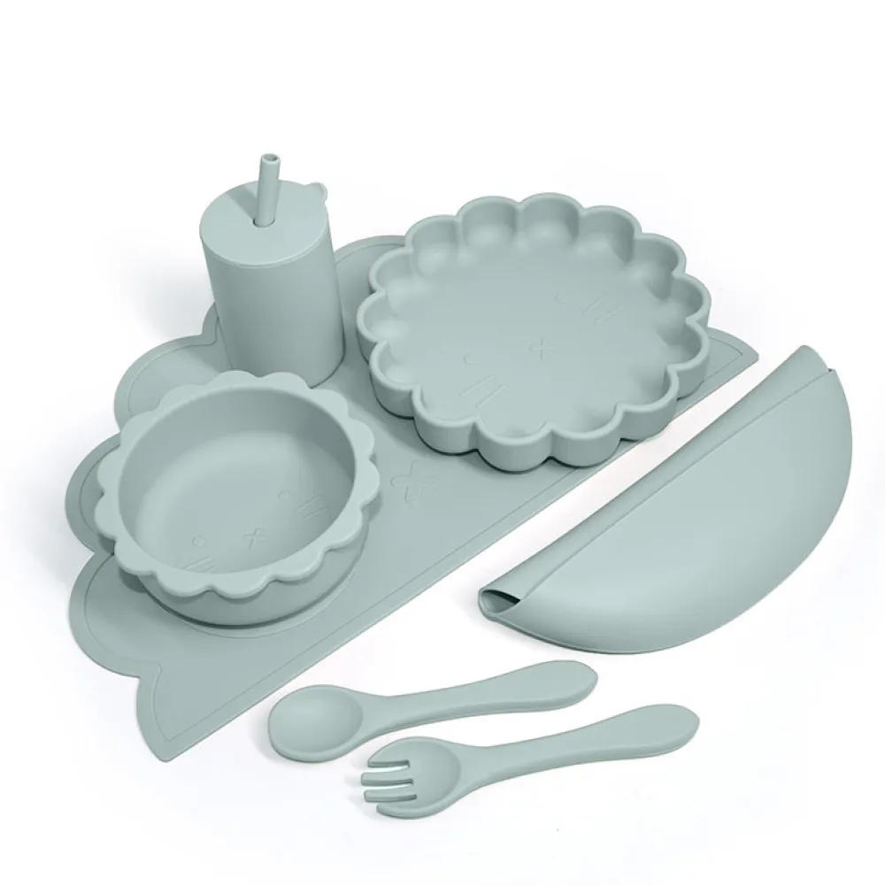 Magni Komplet spisesæt i silikone, støvet blå, 7 dele- Service